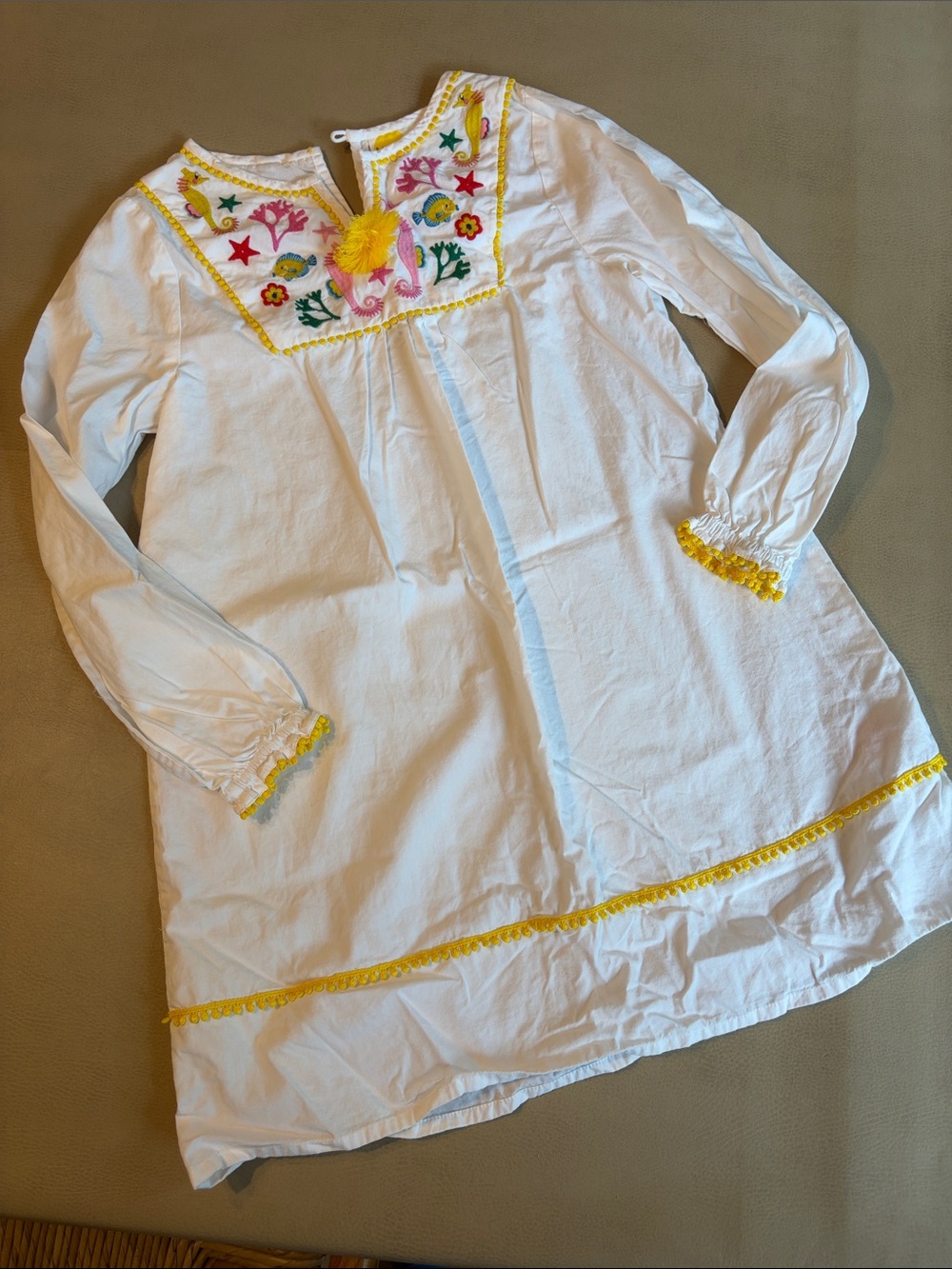 Mini Boden White Embroidered Tunic Dress with Yellow Trim Size 9-10 yr old
